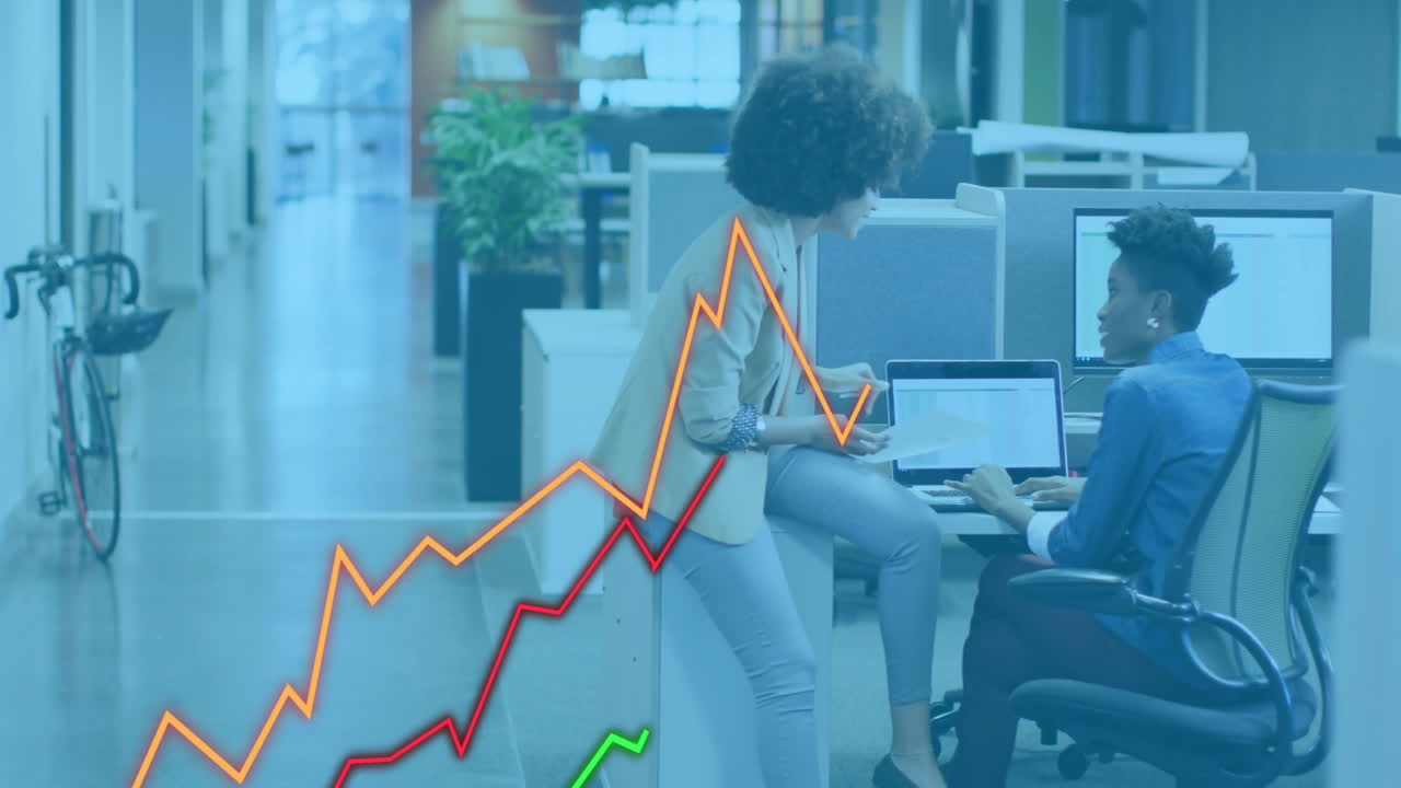 Animation of financial data processing over diverse colleagues discussing work in office