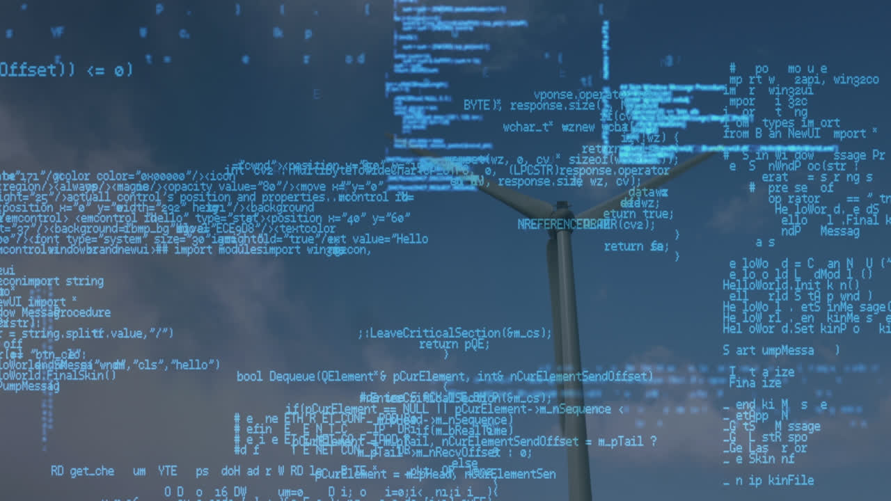 animazione dell'elaborazione dei dati su turbina eolica e cielo con nuvole