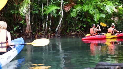 two kayaks navigating a lush, clear water canal