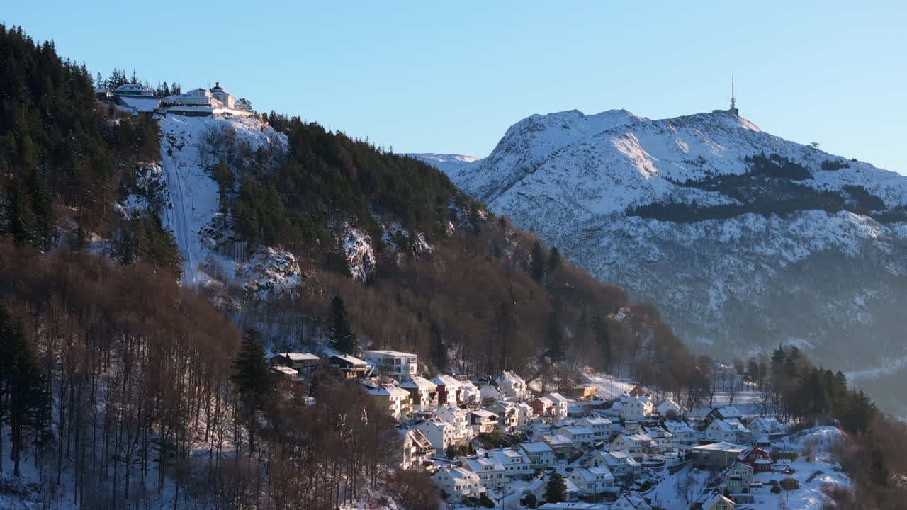 Snowy mountains Fløyen and Ulriken in Bergen on a sunny winter day