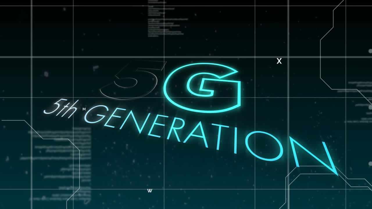 Digital animation of 5g neon text over grid network and data processing against black background