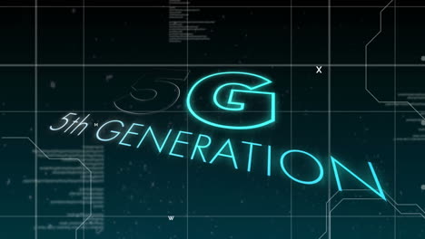 digital animation of 5g neon text over grid network and data processing against black background