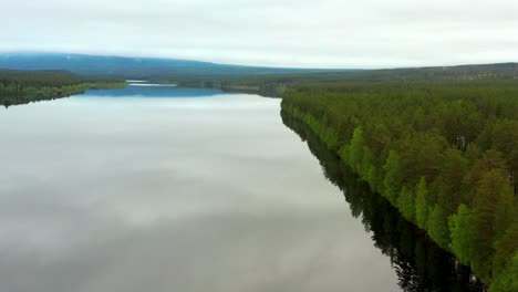 Antena-Sobre-La-Suave-Superficie-Reflectante-De-Un-Lago-En-Medio-De-Bosques-De-Pinos-Y-Montañas-Cerca-De-Hedmark,-Noruega