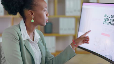 Computer, screen and black woman in office