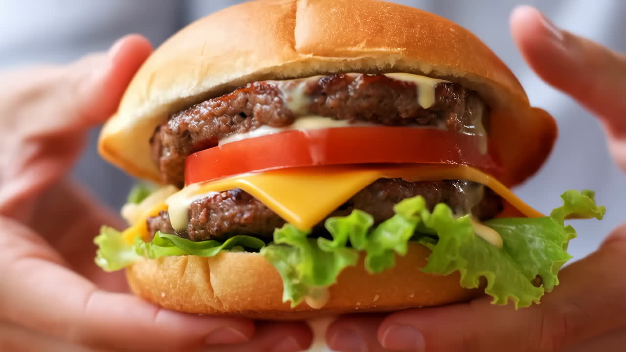 Delicious Double Cheeseburger Held in Hands