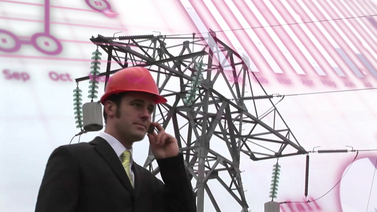 Engineer initiating phone call and coordinating power-line inspection with animated diagrams