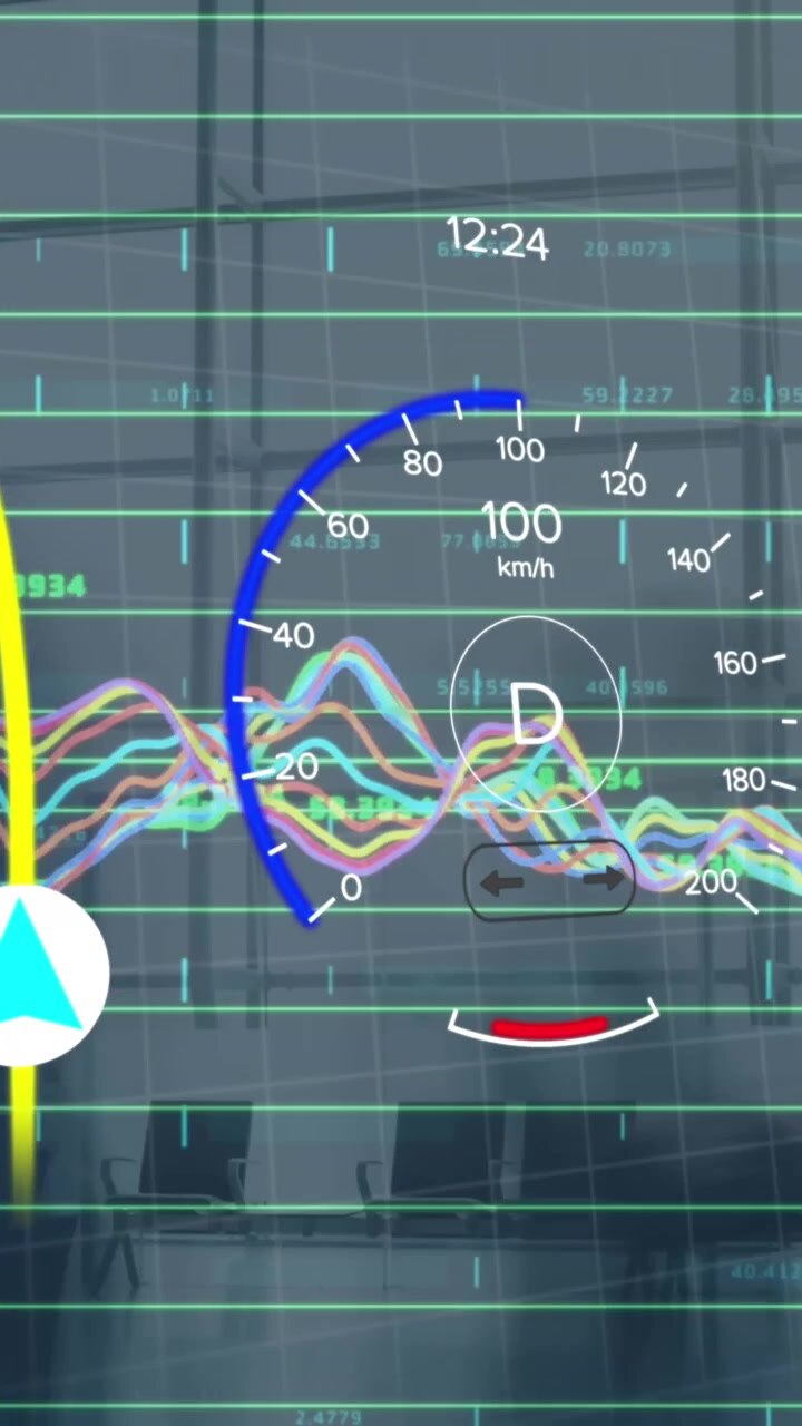 Animation of infographic interface with multicolored graphs over time-lapse of people walking