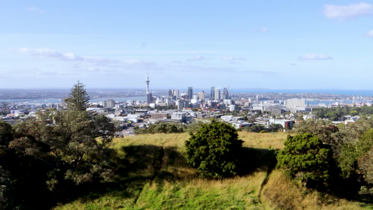рядовой широкий снимок горизонта окленда, новая зеландия, сделанный с вулкана маунт-эден, с различными деревьями и растительностью в ясный и солнечный день
