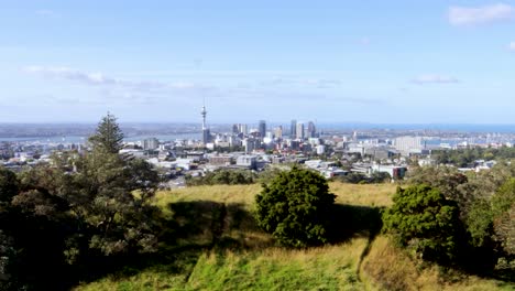 Handheld-wide-shot-of-the-skyline-of-Auckland,-New-Zealand,-taken-from-Mount-Eden-volcano,-with-various-trees-and-vegetation-in-view-on-a-clear-and-sunny-day