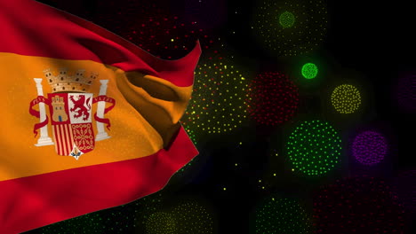 animation of flag of spain over shapes and fireworks on black backrgound