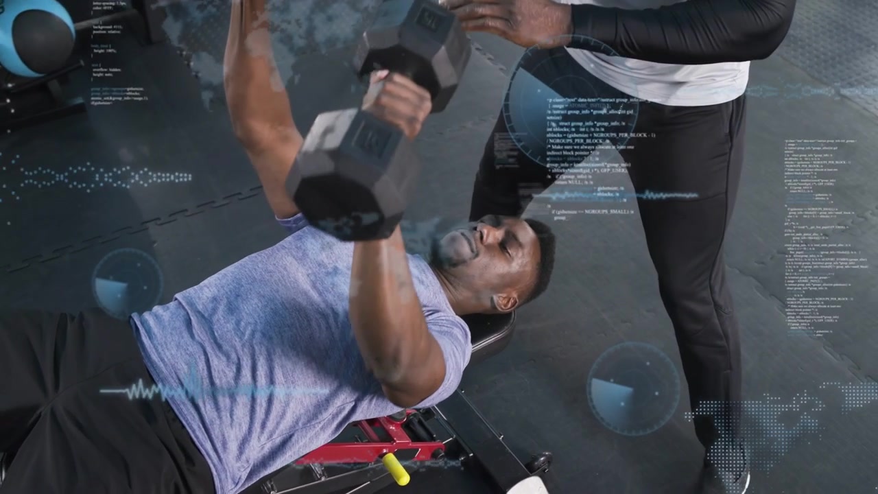 Man lying on bench initiating press after trainer cue, performing hex dumbbell reps for fitness HUD
