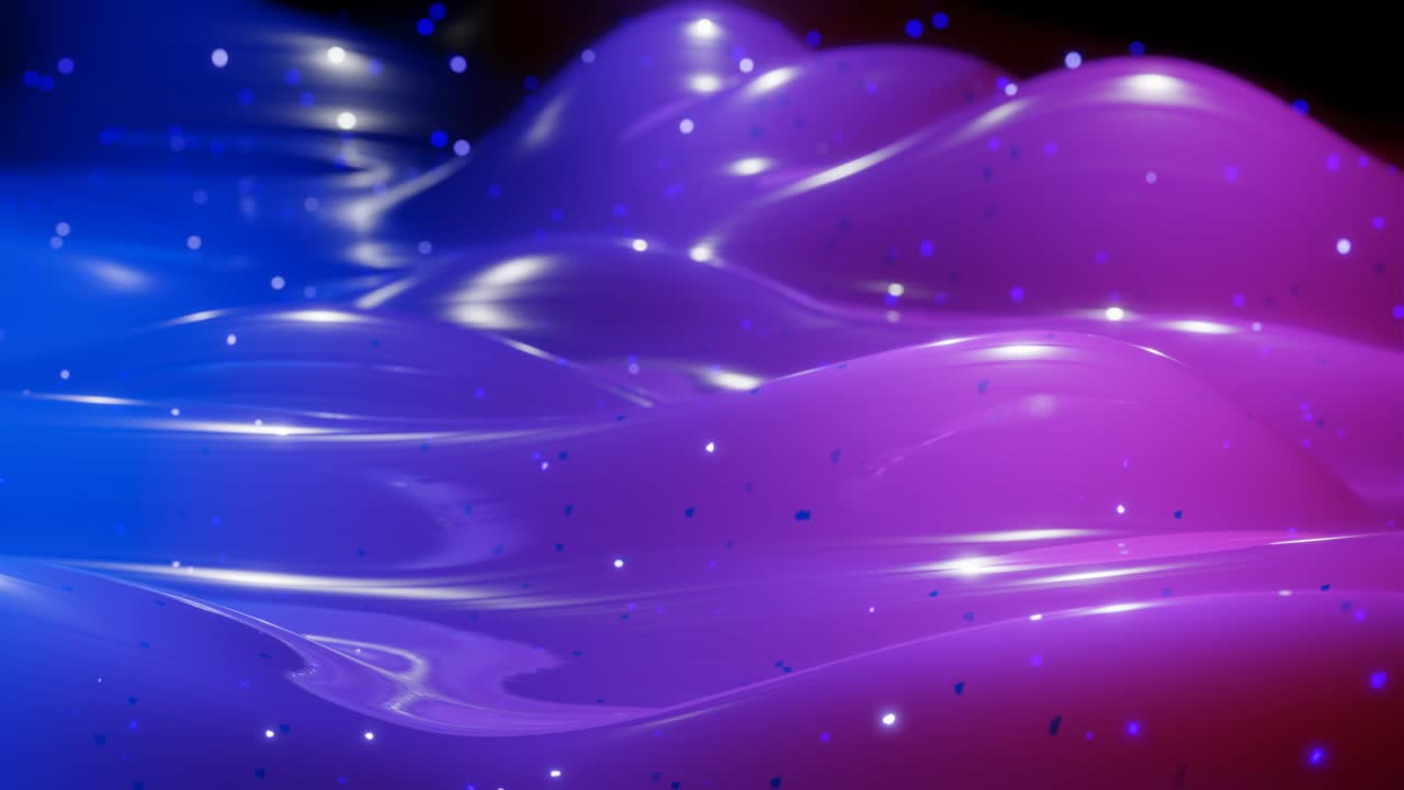 Abstrakt 3D-overflate med vakre bølger, lysende gnister og lys fargegradient i blått og lilla. Bølger beveger seg på en veldig skinnende, glansfull overflate med glødende glitter. 4k loopet animasjon