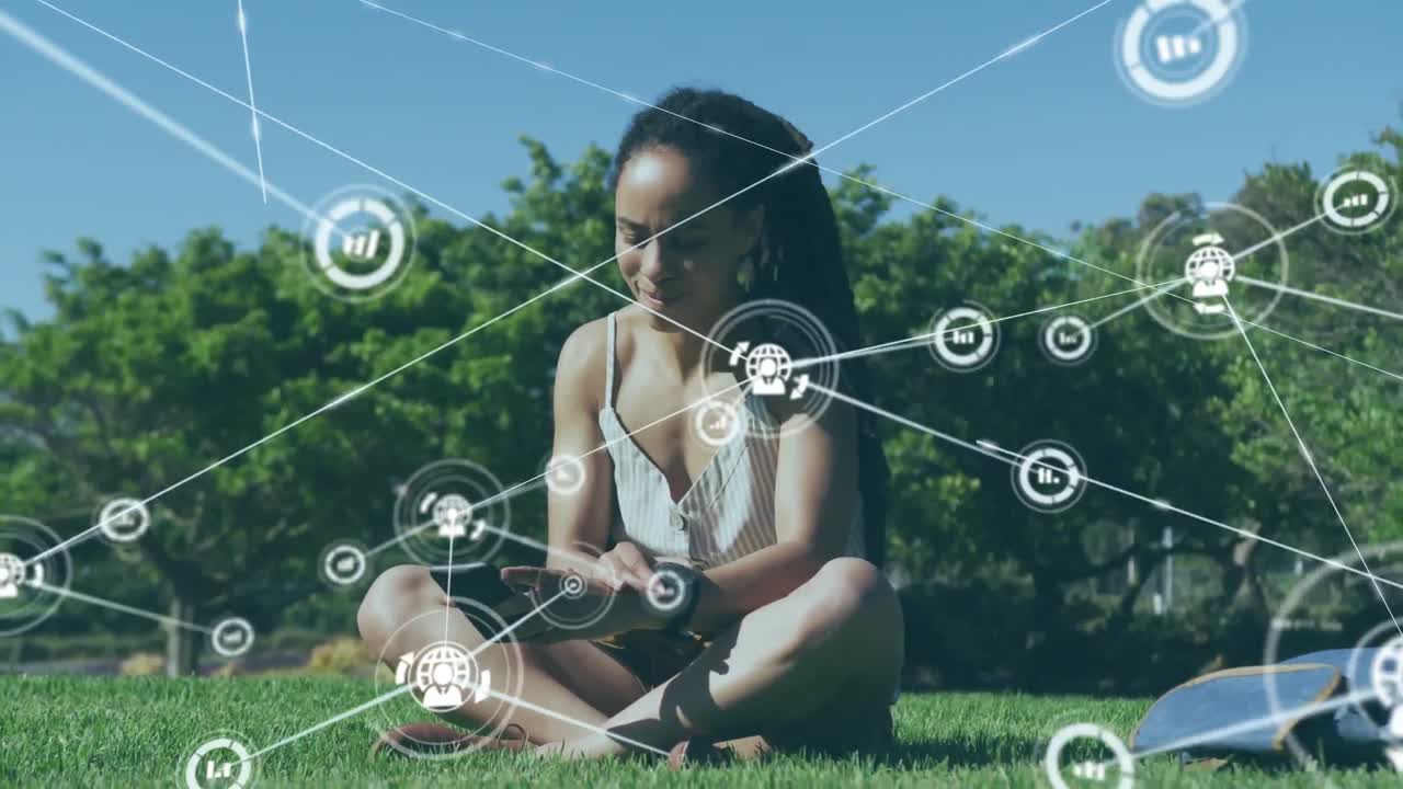 정원에서 스마트 워치를 사용하는 아프리카계 미국인 여성에 대한 연결 네트워크