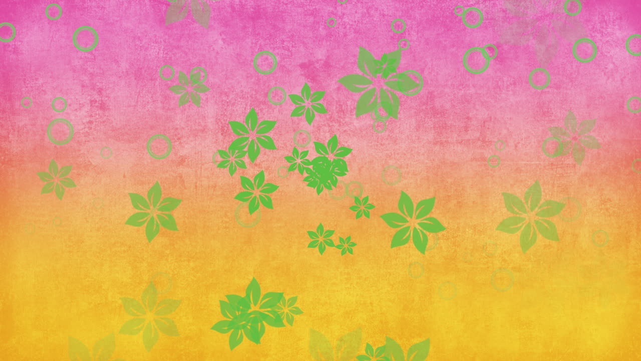 volar flores verdes y partículas redondas en textura grunge