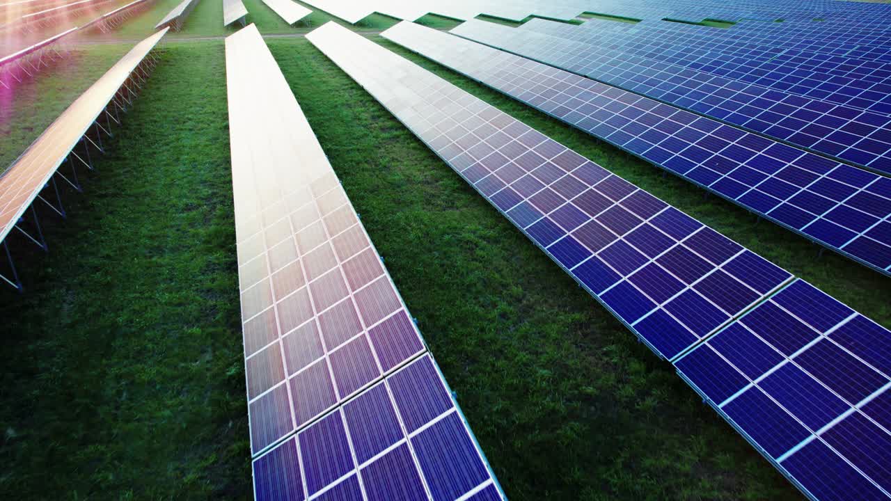 Parallel panels of a solar power plant in the field