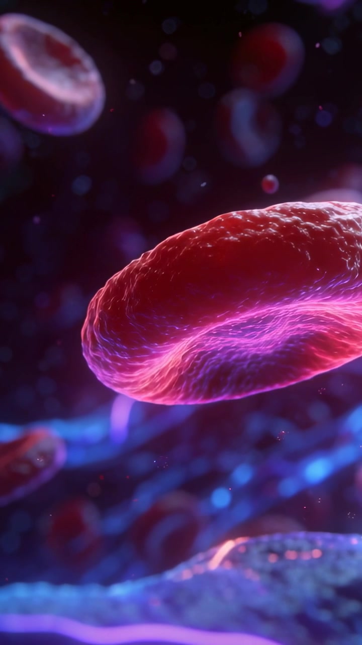 Video verticale: Inizio del flusso che spinge un grande globulo rosso che ruota attraverso un vaso con filamenti blu