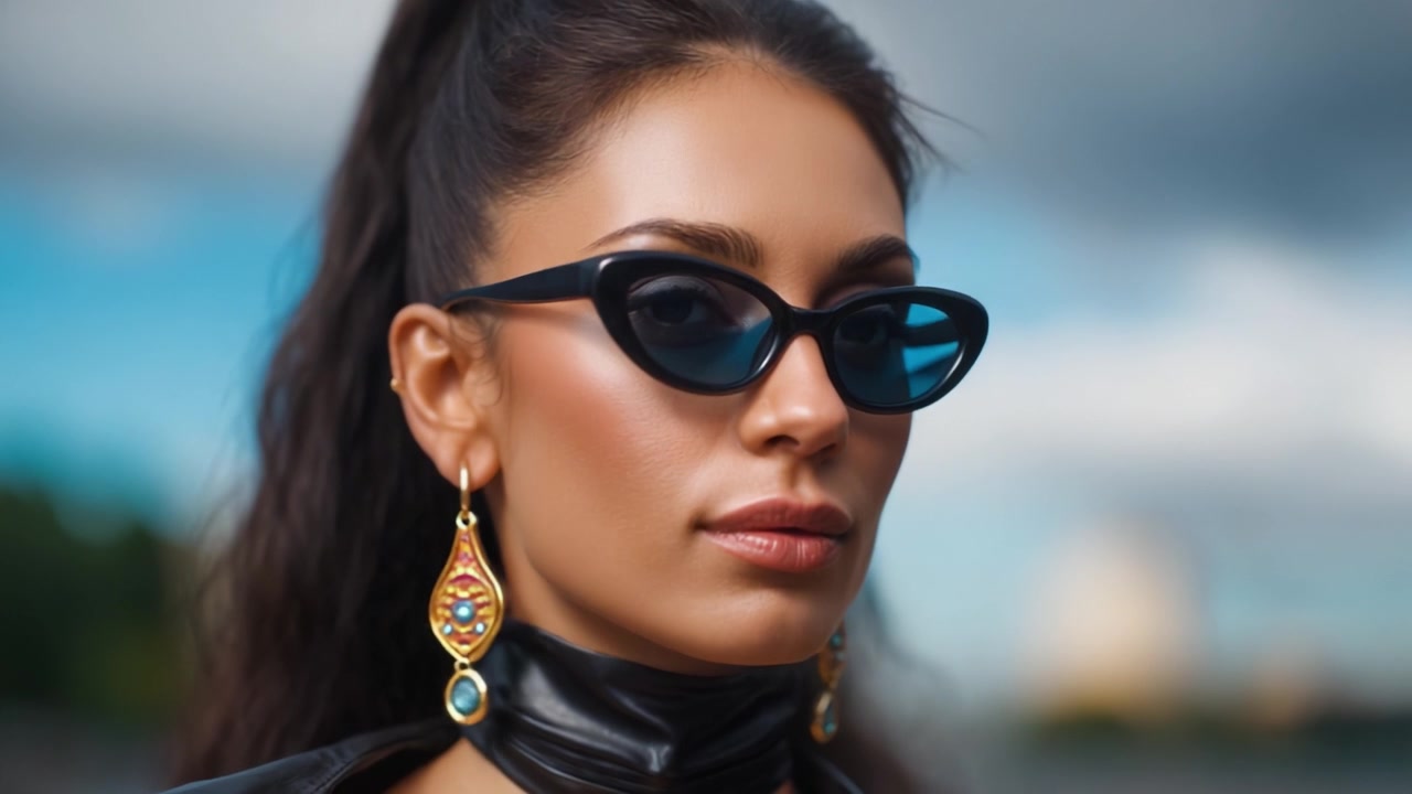 Una donna elegante che indossa occhiali da sole futuristici e orecchini raffinati posa con sicurezza contro uno sfondo panoramico, emanando eleganza e tendenze della moda moderna