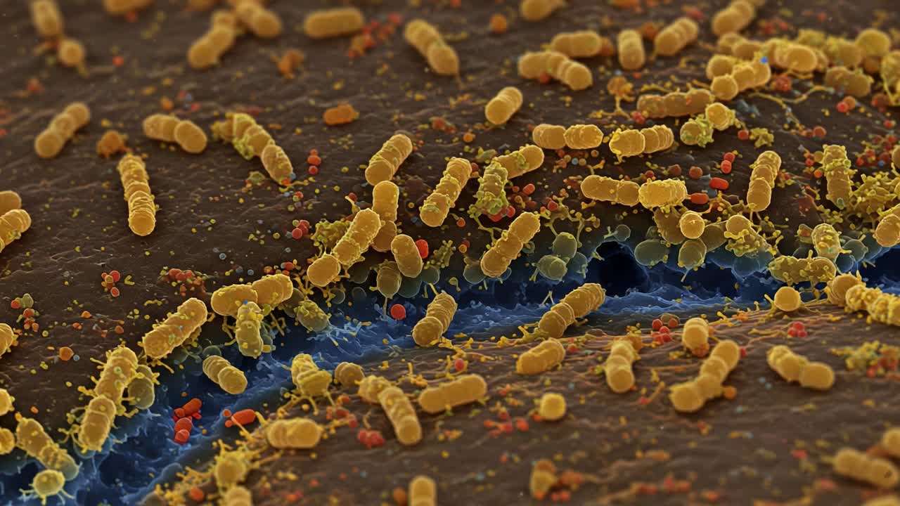 A Stunning Close-Up of Microbial Life: Observe the Intricate Details of Bacteria and Their Environment Captured in Two Frames from a Fascinating Microscopic Perspective