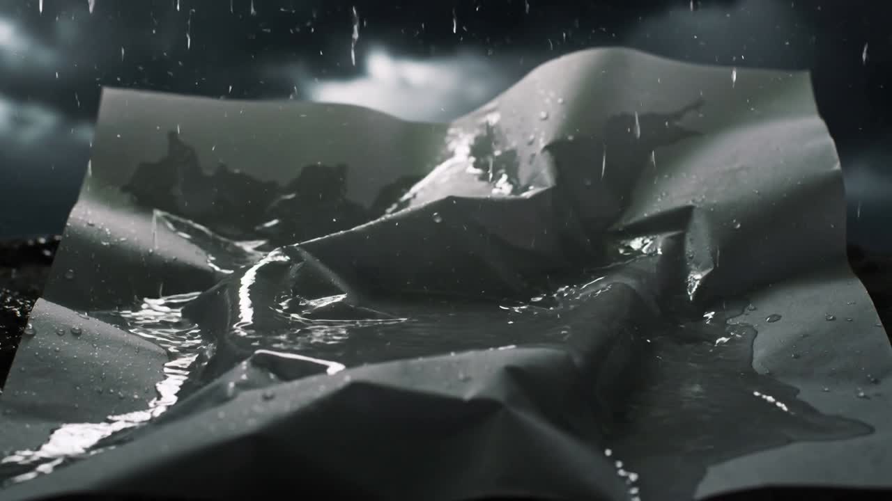 Striking falling droplets creating ripples on crumpled sheet in dark staging area, forming rivulets