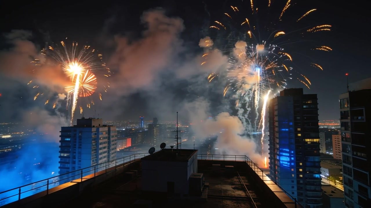Fuochi d'artificio lanciati dai tetti che esplodono e illuminano lo skyline notturno, rivelando un parapetto e un albero.