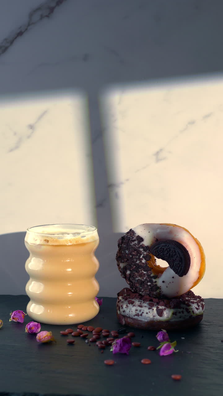 A hand with pink nails places a white-glazed donut topped with a chocolate cookie onto another donut. A creamy coffee sits nearby on a black slate decorated with dried rosebuds and coffee beans.
