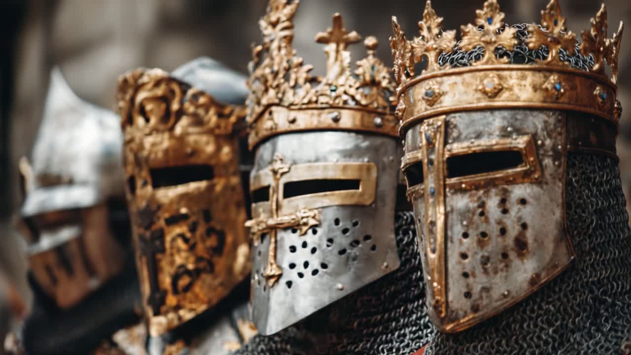 Upea esitys keskiaikaisista haarniskoista: Vaikuttavat ritarikypärät esittelevät koristeellisia kuvioita ja taidokkaita yksityiskohtia, heijastaen historiallista urheutta ja käsityötaitoa.