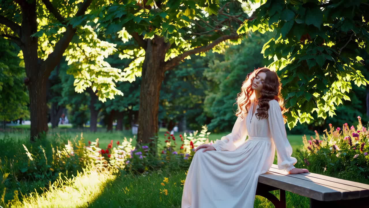 Woman with long hair in a white dress bathed in golden hour sunlight in a garden