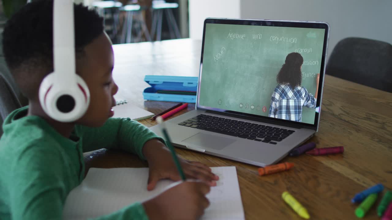 African american boy doing homework while having a video call with female teacher on laptop at home