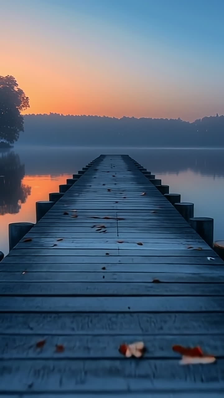 Serene dock at sunrise over calm water. A tranquil dock extends over still water, surrounded by autumn trees, as the sun rises and casts a warm glow.