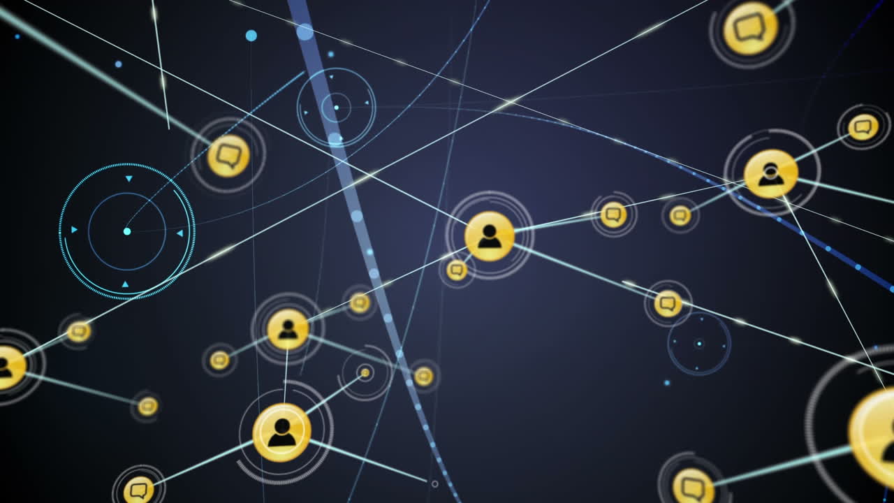 Animation of networks of connections with icons on black background