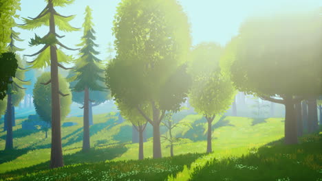 paisaje forestal verde de dibujos animados con árboles y flores