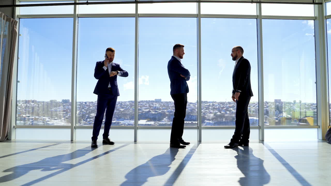 Businessmen portraits in full growth. Executive entrepreneurs in elegant costumes standing in the light office with a city view landscape through large windows.