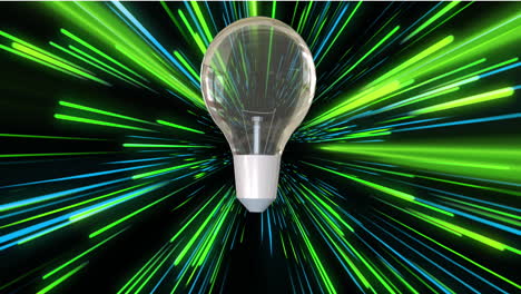 animación de una bombilla sobre senderos de luz de neón verde y azul