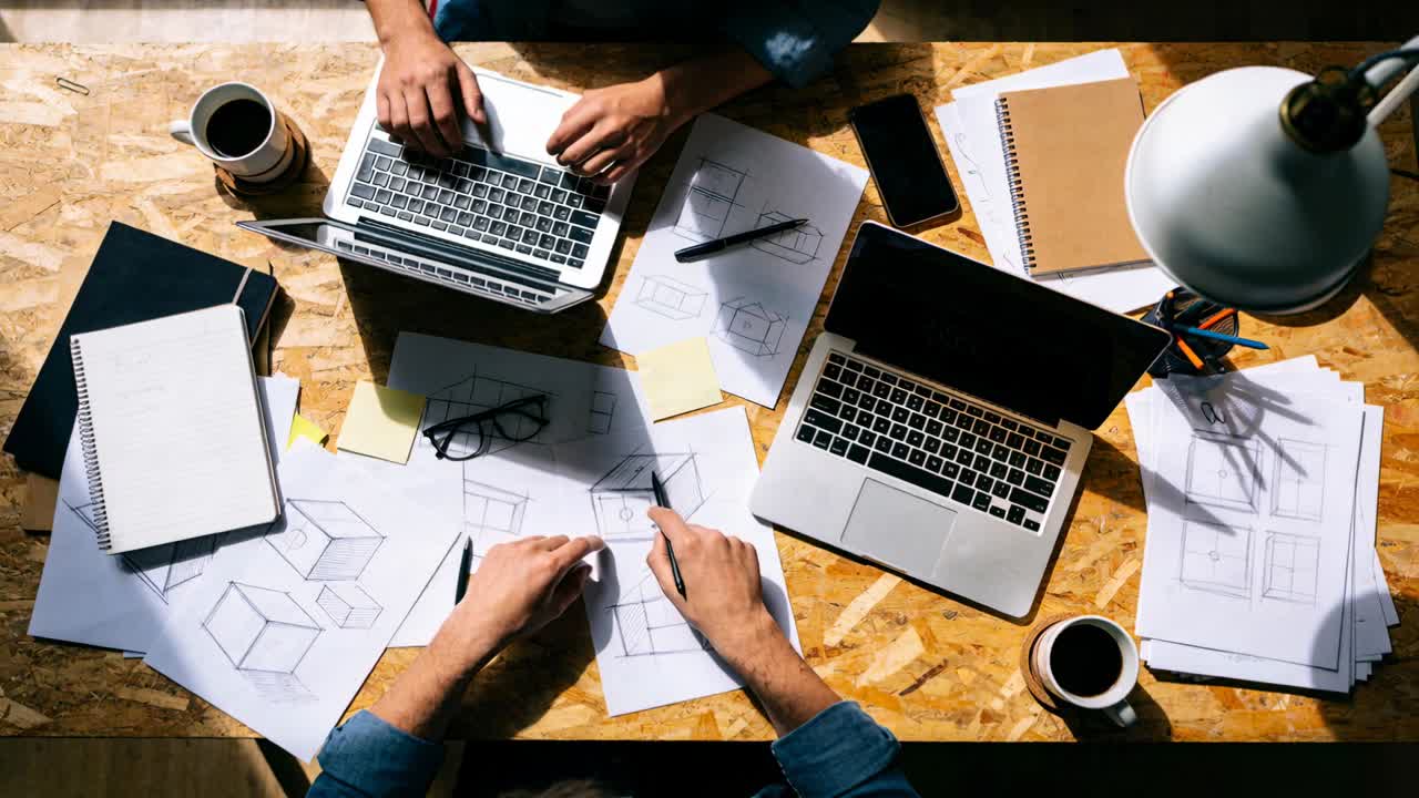 Designgennemgang starter, par forfiner terningeskitser ved skrivebord, den ene bærer blå skjorte, med bærbare computere.