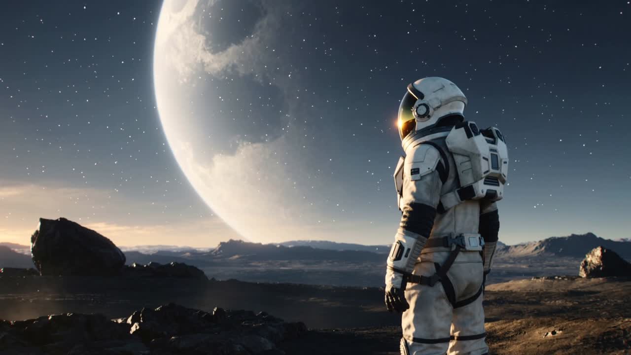 Explorador con traje mirando hacia un planeta enorme en una llanura rocosa, con el resplandor del amanecer atrayendo la mirada, espacio para texto.