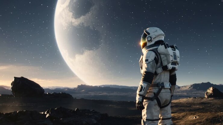 Suited explorer gazing toward huge planet in rocky plain, dawn glow drawing gaze, copy space