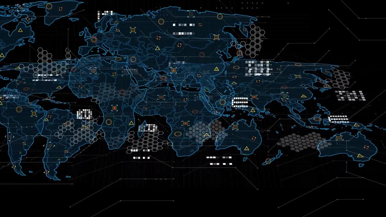 Animation of data processing with world map on black background