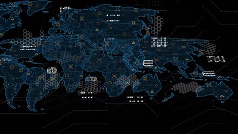 animación del procesamiento de datos con un mapa del mundo en fondo negro