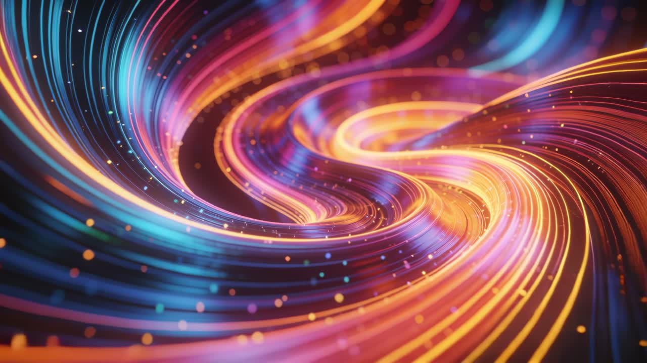 Vortice pulsante scintillante che si intensifica, con nastri che si ripiegano e si aprono a ventaglio, rivelando flusso e particelle.