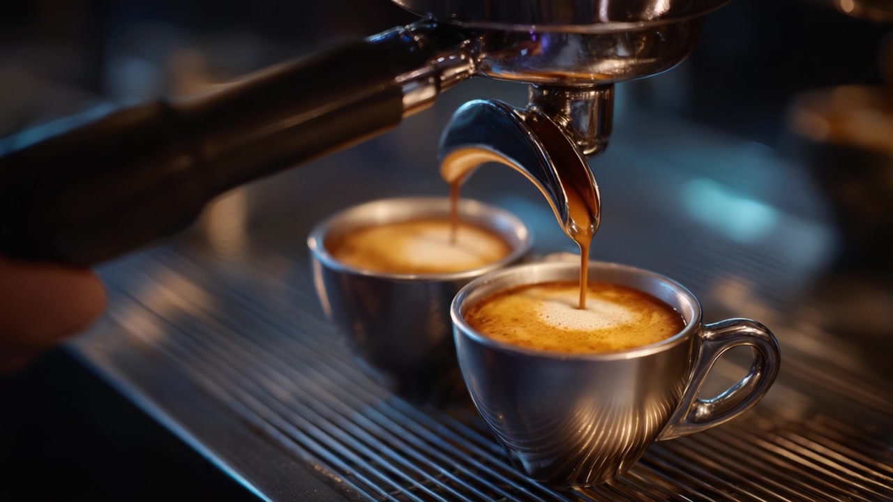 La preparazione dell'espresso perfetto: uno sguardo dettagliato all'estrazione del caffè con una macchina da caffè espresso professionale che versa nelle tazze.