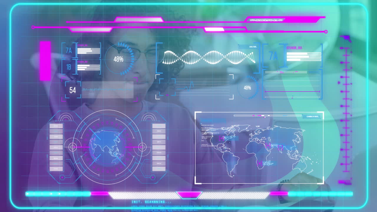 Man wearing glasses interacting with hologram in tech lab, featuring neon world map and DNA helix
