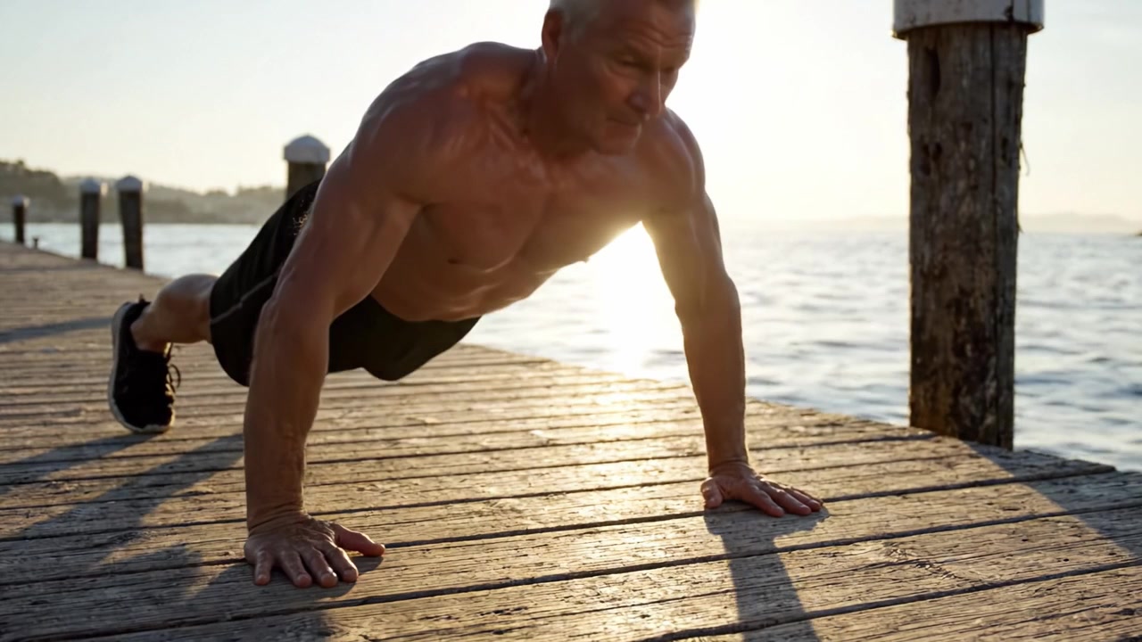 A Dedicated Individual Engaging in Push-Ups on a Riverside Dock During Sunset, Emphasizing Fitness, Strength, and Determination Against a Scenic Backdrop