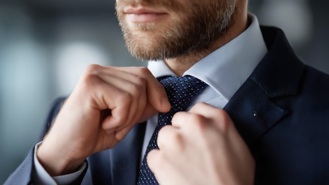 A Professional Man Adjusting His Tie, Exuding Confidence and Elegance in a Business Setting Focused on Personal Grooming and Presentation