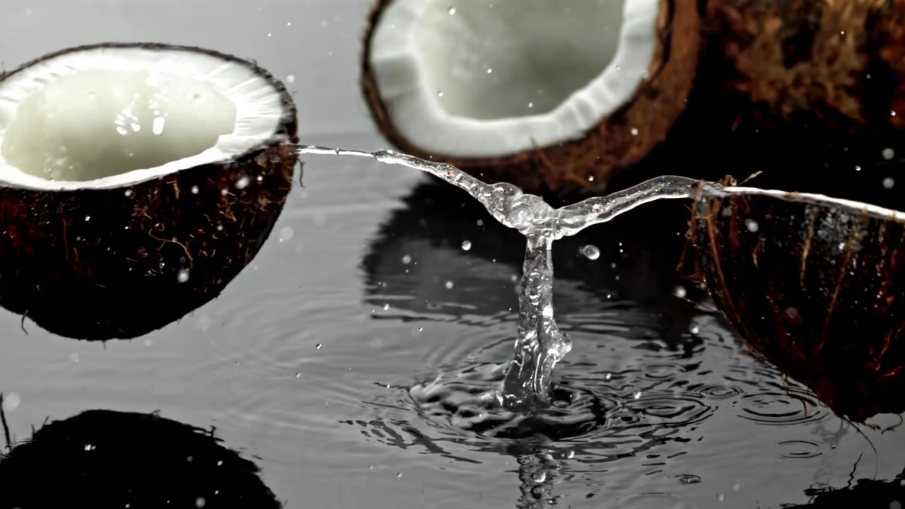 Fresh Coconut Splitting in Slow Motion with Water Splashing