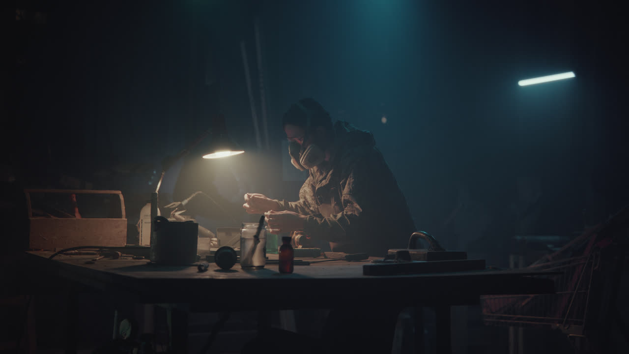 A bombmaker assembles a bomb in his workshop at night