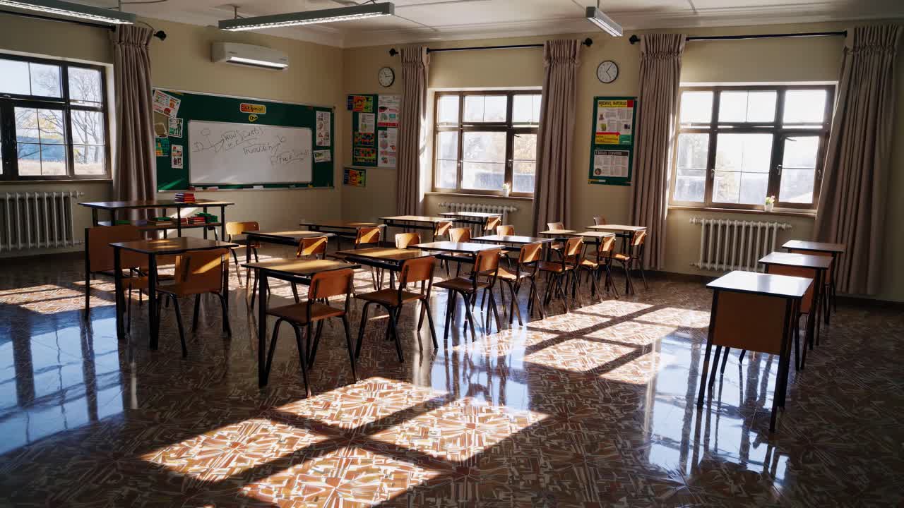 Wide-angle shot of an empty classroom with sunlight streaming through windows, casting shadows