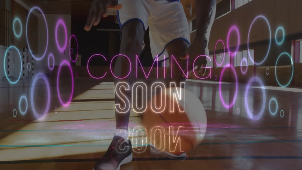 Basketball player dribbling with Coming Soon text and colorful animation overlay