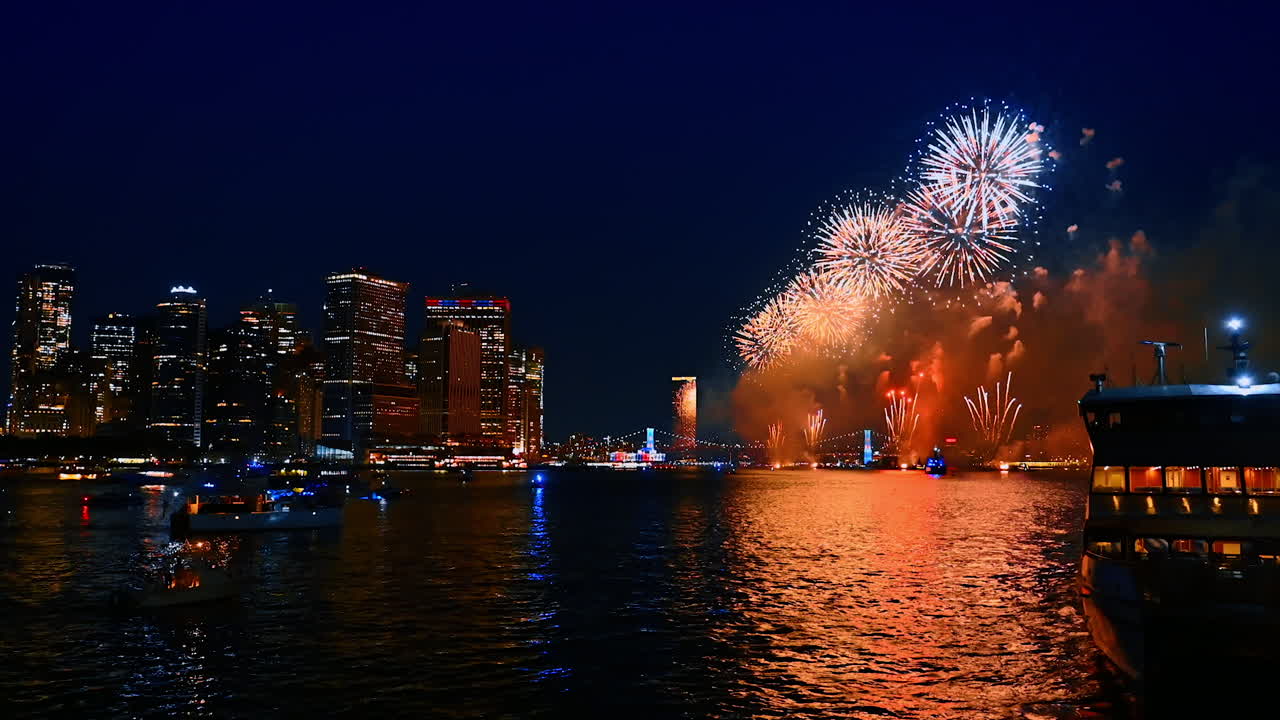 Striking scenery of beautiful fireworks splashing in the night sky. Bright celebration in New York, USA. View from the boat