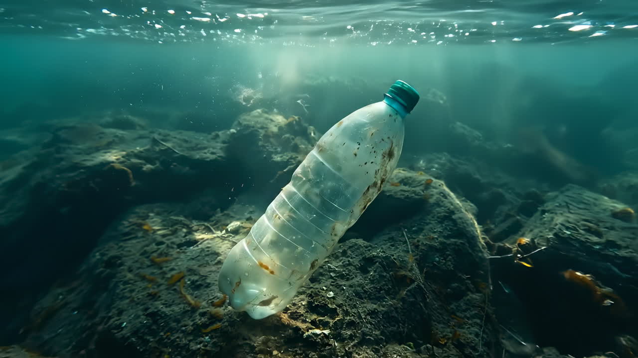 Discarded plastic bottle covered in grime on ocean floor. Dirty plastic bottle floating near the bottom of a murky sea with rocks and scattered debris