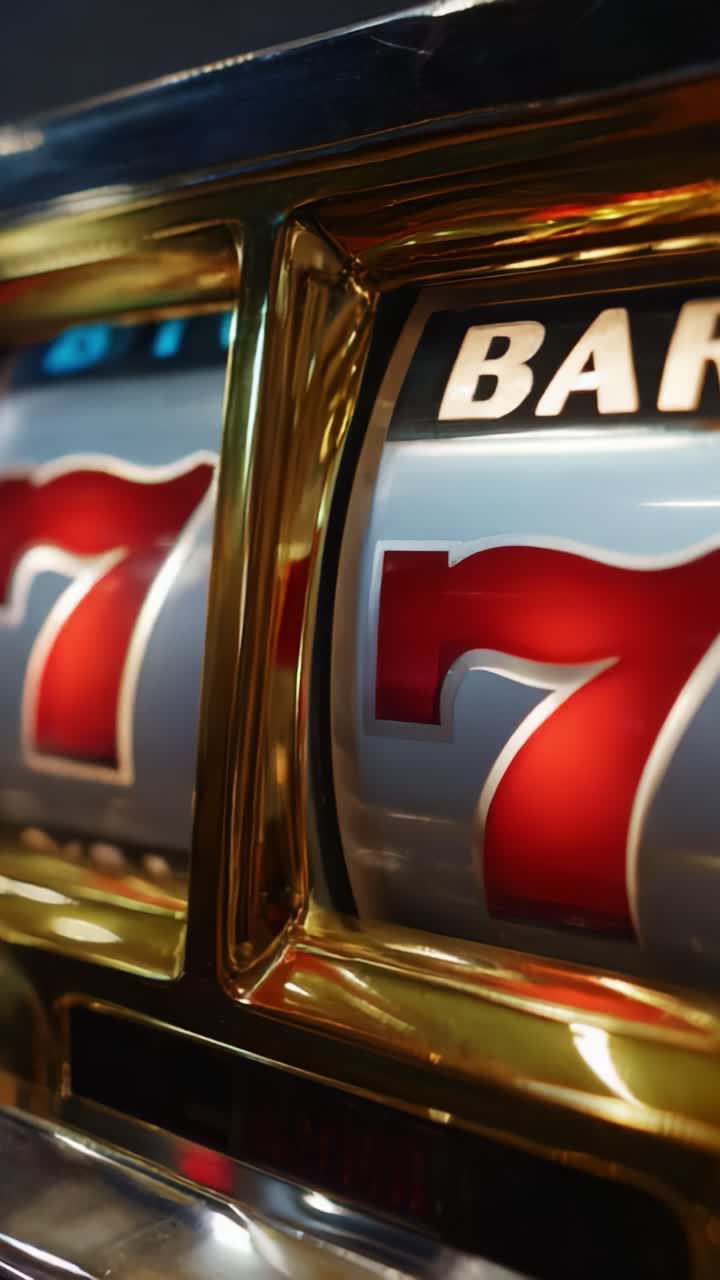 Primo piano di una slot machine classica che mostra i risultati del giro con sette e accenti dorati in un ambiente scintillante da casinò